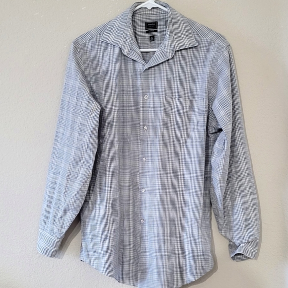 FITTED White/ Gray/ Blue Checkered Dress Shirt - Picture 2 of 5
